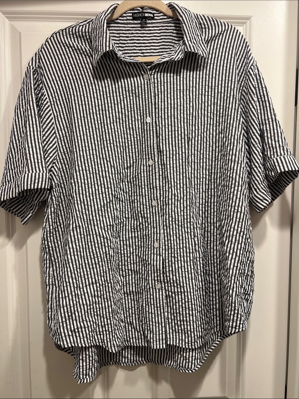 Fashion Nova Women’s Black & White Striped Oversized Button-Up Shirt